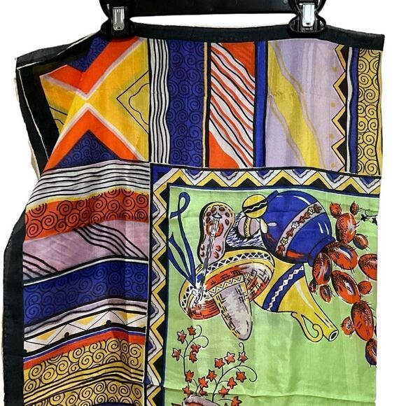 Scarf 100% Silk Mexican Fiesta Multi-Color Square Hand Rolled Hem 32” X 35” - Picture 7 of 10